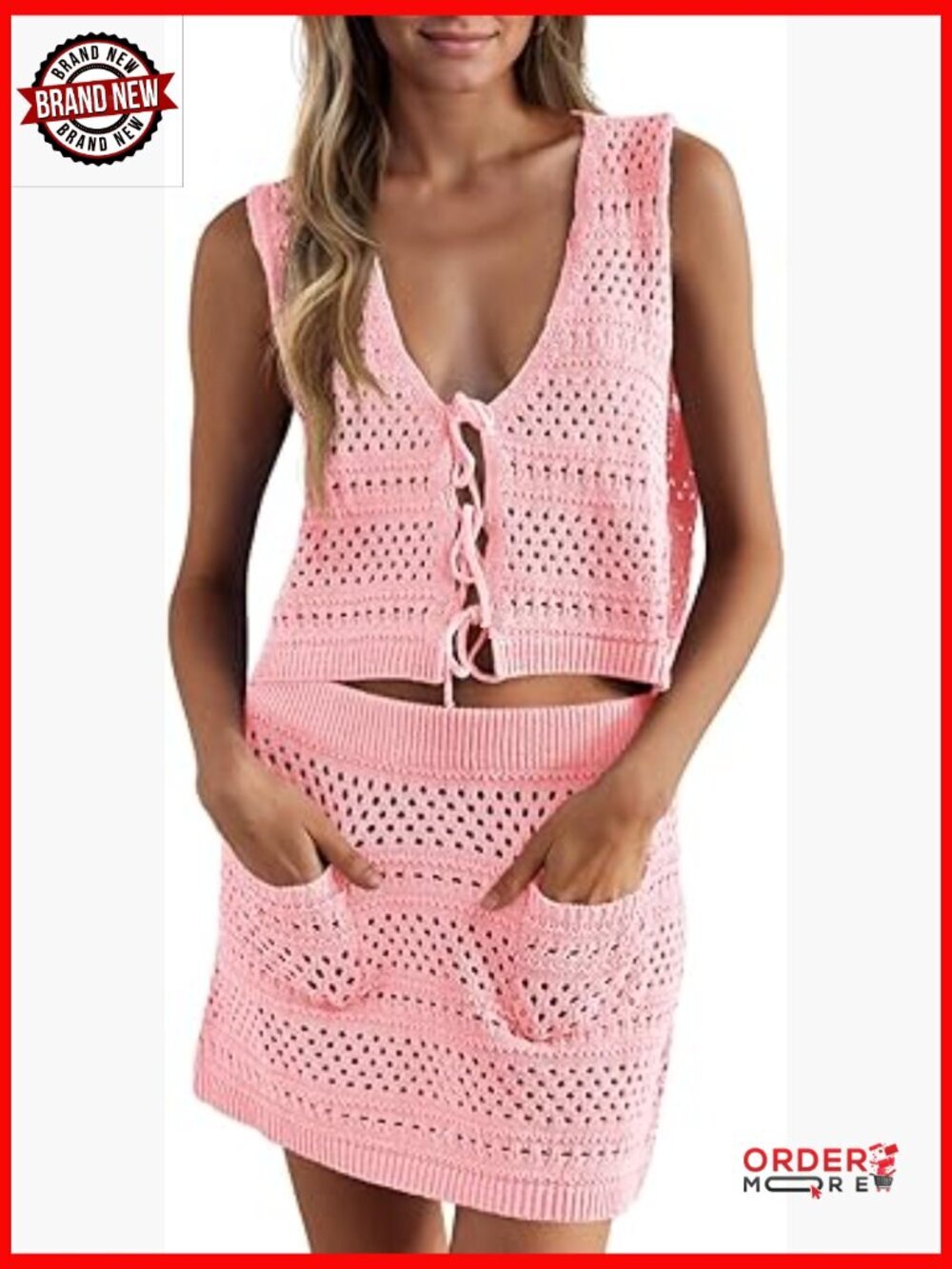 Crochet 2-Piece Swim Cover Up Set V-Neck Crop Top Mini Skirt